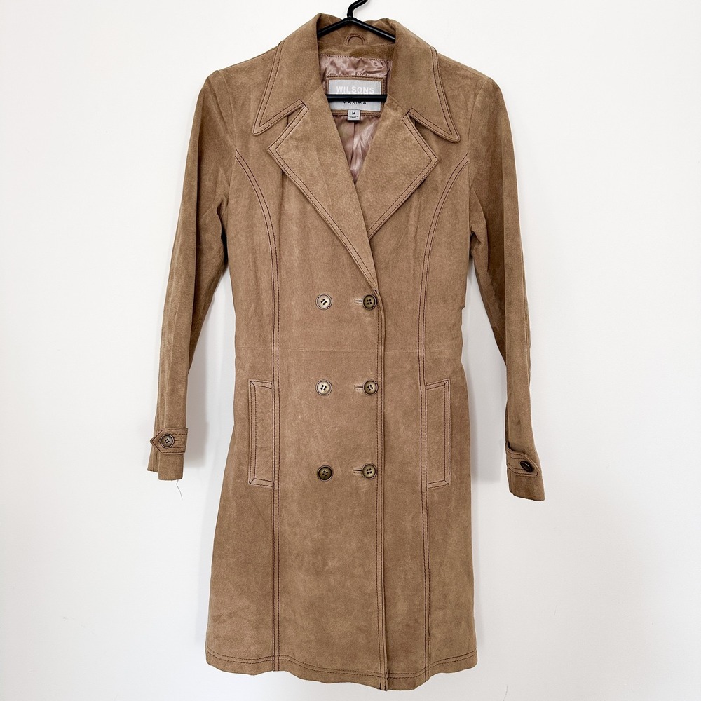 Wilsons Leather Maxima Trench Coat‎ Medium Brown Suede Belted Penny 70s Boho